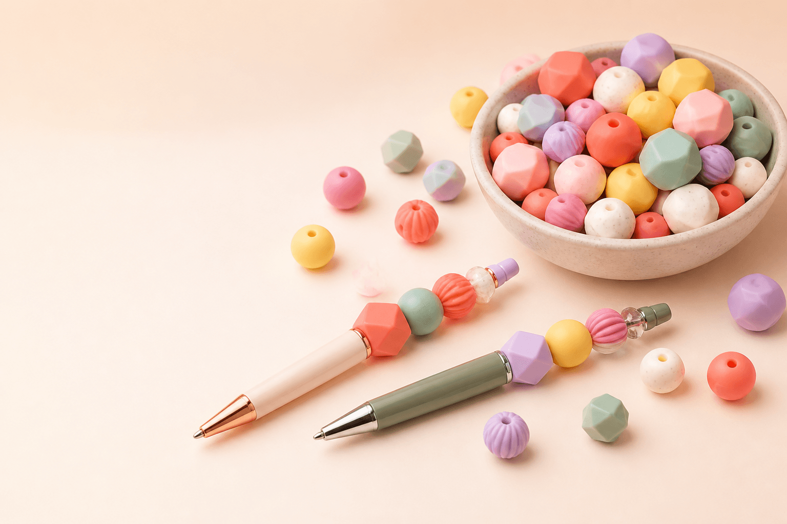 Colorful silicone beads and two beaded pens
